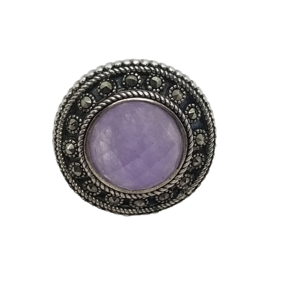 VINTAGE STERLING SILVER RING SET WITH MARCASITE &  GENUINE AMETHYST GEMSTONE - Picture 4 of 8